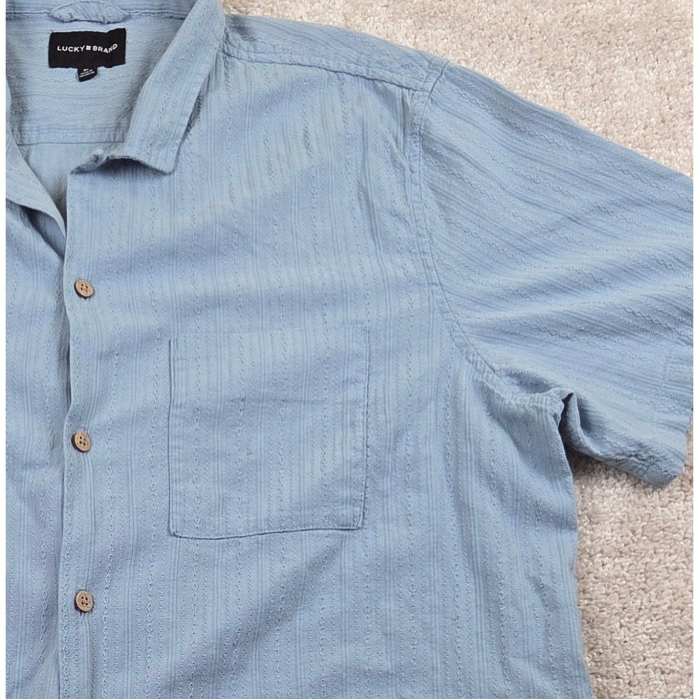 Lucky Brand Shirt Mens XL Blue Cotton Seersucker Striped Textured Short Sleeve